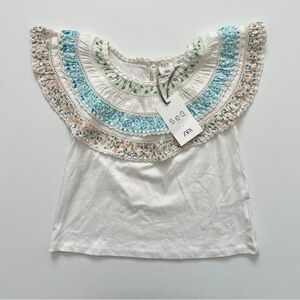 Zara Sea New York White Top w/ Blue & Green Embroidered Yoke Girls size 8/9 NWT